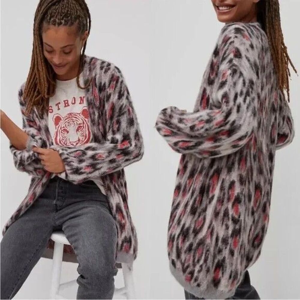 Anthropologie Open Zoey Leopard Alpaca Wool Cardigan Sweater LARGE